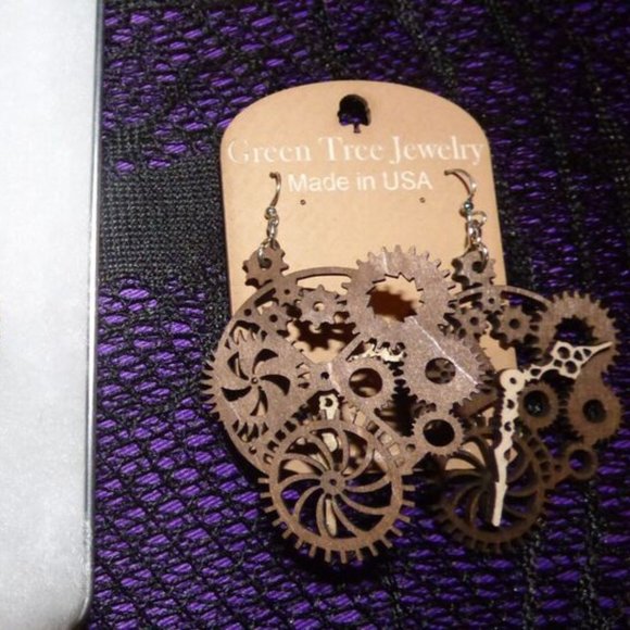 GOTH STEAMPUNK GREEN TREE KINETIC PLANETARY NECKLACE AND CLOCK WOOD EARRINGS - Picture 7 of 14